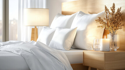 Aufkleber - Cozy bedroom with white bedding, accent wall, and warm lighting creates serene atmosphere. Perfect for relaxation and comfort