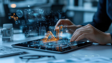 Aufkleber - Innovative technology concept with person using tablet to design sustainable architecture. digital interface displays graphs, charts, and 3D models, showcasing modern design
