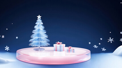 Wall Mural - Minimalist Christmas scene with a glowing tree and gifts on a glass platform against a dark blue background.