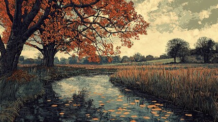 Wall Mural -   A river painting with a tree, clouds, and field in the background