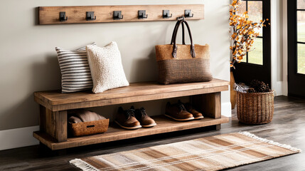 Poster - Stylish entryway featuring wooden bench, coat rack, and shoe storage, creating warm and inviting atmosphere. Perfect for organizing your space with charm