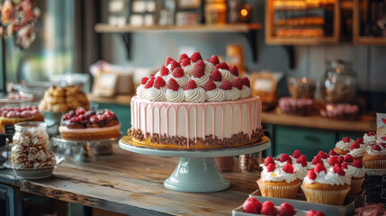 Aufkleber - beautifully decorated cake topped with fresh raspberries sits in vibrant bakery display, surrounded by array of sweet treats and pastries, creating delightful atmosphere