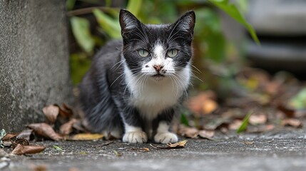 Wall Mural - A black and white cat sits outdoors on a grey surface, looking directly at the camera.