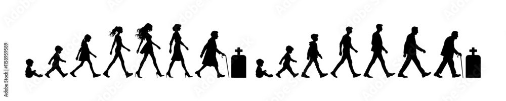 Vector illustration. Silhouette of growing up man from baby to old age ...