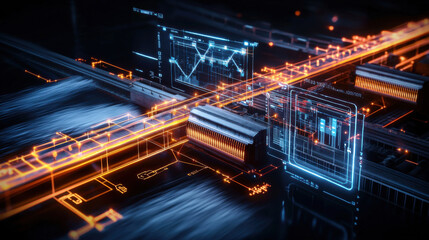 Poster - Futuristic digital interface with glowing graphs and data visualizations, showcasing advanced technology and innovation in high tech environment