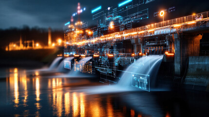 Aufkleber - hydroelectric facility at night with water cascading and illuminated by lights, showcasing blend of technology and nature. scene reflects innovation and energy