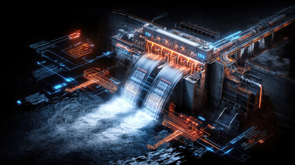 Aufkleber - hydroelectric facility at night with water cascading down, illuminated by vibrant lights and digital overlays, showcasing modern technology and energy production