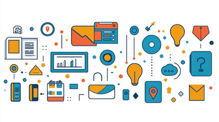 Poster - Digital marketing elements, UX design icons, website optimization graphics, and analytics symbols create vibrant composition. This illustration represents modern digital strategies and data