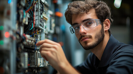 Aufkleber - Skilled technician working on electrical circuits, wearing safety glasses and focused on task. environment showcases advanced technology and power systems
