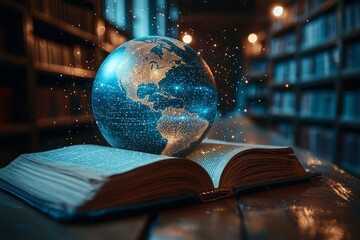 Poster - A digital globe with educational symbols floating above books, illustrating global learning, knowledge, technology's role in education, innovative teaching methods, e-learning resources, and academic