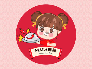 Chinese woman logo in traditional costume holding spicy food. Cute cartoon chibi style illustration vector premium.