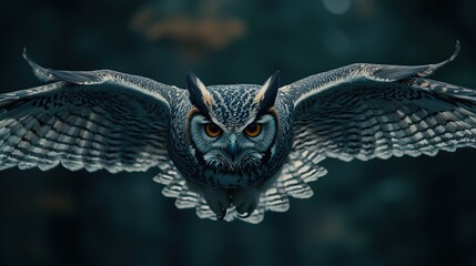 Wall Mural - A majestic owl in flight, wings outstretched, eyes focused intensely.