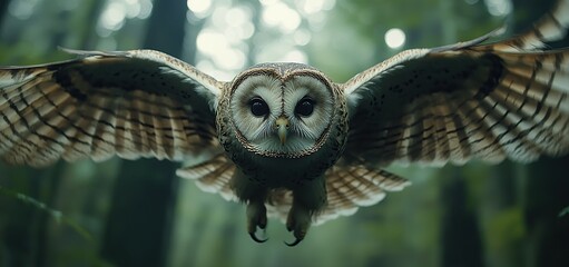 Wall Mural - A majestic owl in flight, wings spread wide, eyes focused, in a dark forest.