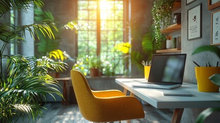 Poster - Remote work or freelancing can be enjoyable and productive in a minimalist home office, featuring a laptop computer, an indoor plant, and a bright window to bring in natural light, resulting in a