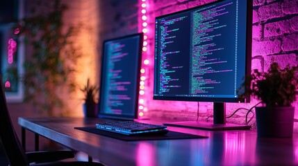 Poster - a modern programmer's workspace illuminated by neon lights, featuring multiple monitors with code, s
