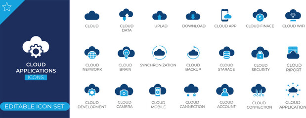 Cloud Applications Icons Set of icons on the theme of information technology, computers, internet, cloud storage, cyber security. Solid vector icons.