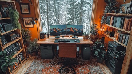 Poster - Dual monitor setup with an ergonomic keyboard and mouse, and an organized desk for a sleek, comfortable, and efficient home office