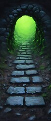 Canvas Print - Stone path leading to a glowing green archway.