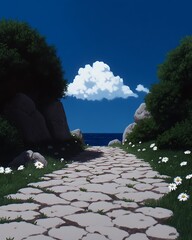 Canvas Print - Stone path leads to ocean view, under a bright summer sky, with daisies.