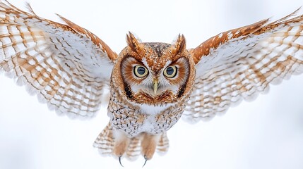 Wall Mural - Eastern Screech Owl in flight, wings spread, close-up view against white background.