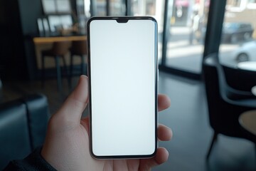 Poster - Hands holding a phone showing the mobile wallet concept against a coffee shop backdrop