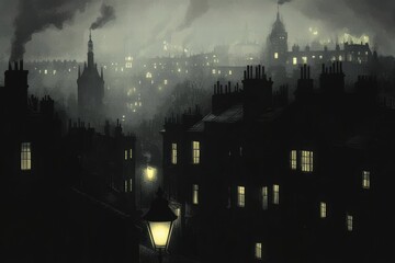 Aufkleber - Dark cityscape featuring dimly lit windows in an urban landscape at night. Generative AI