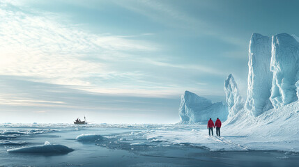 Frozen north landscape with fisherman background. Man and woman travel on vacation to ice ocean shore. Cold Canada freeze water nature with character environment scene. White northern cartoon land