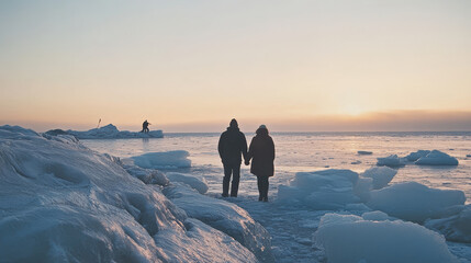 Frozen north landscape with fisherman background. Man and woman travel on vacation to ice ocean shore. Cold Canada freeze water nature with character environment scene. White northern cartoon land