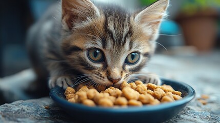 Wall Mural - Adorable tabby kitten with bright eyes eagerly eating kibble from a dark blue bowl outdoors.