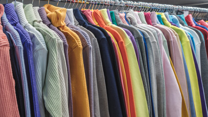 Poster - Rack of colorful sweaters hanging on a clothesline. The colors are bright and cheerful, creating a sense of warmth and comfort