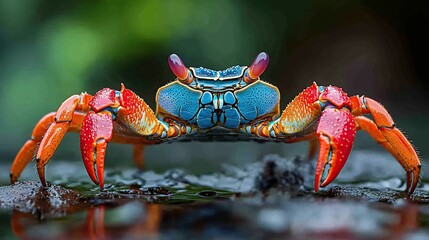 Sticker - Vibrant blue and red crab on dark wet surface.