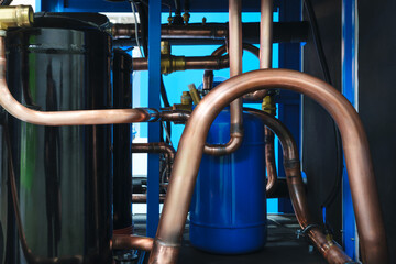 Aufkleber - Close-up of refrigeration and compressor equipment. Tanks and copper connecting tubes