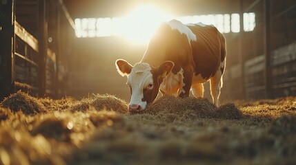 Poster - Young calf eating hay in barn at sunset.