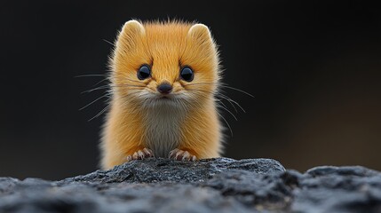 Wall Mural - Adorable orange weasel kit peering from behind a dark rock.