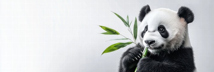 Poster - Panda happily holding bamboo with plenty of copy space for text in a minimalistic setting. Generative AI