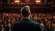 ©  Shomixer - A speaker stands confidently on stage facing a captivated audience, conveying authority and engagement in a large, sophisticated setting with muted colors.