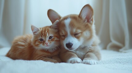 Poster - Adorable ginger kitten cuddling with a sleepy corgi puppy on a soft white blanket near a window.