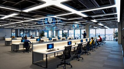 Poster - modern office workspace featuring advanced technology and spacious design in a city setting
