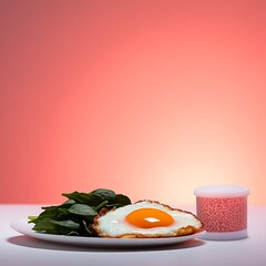 Canvas Print - Sunny-side up egg with spinach on a plate, next to a container of red sprinkles, against a pink background.