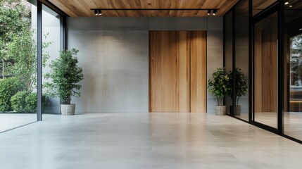 Wall Mural - A modern lobby features minimalist design with wooden accents, large glass windows, and potted plants, creating a serene and stylish atmosphere.