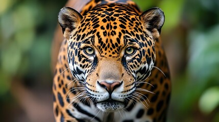 Wall Mural - Close-up of a jaguar's intense gaze, its spotted coat detailed against a blurred green background.