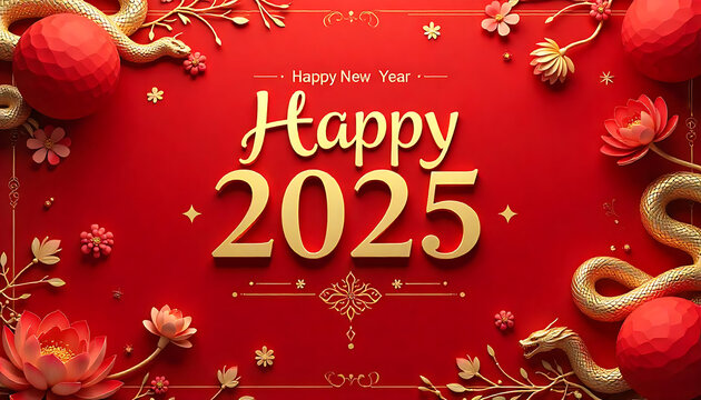 A red background with the text Happy New Year 2025 in gold lettering, year of the snake template,  Chinese New Year 2025 and ornaments banner, and poster, created with generative ai