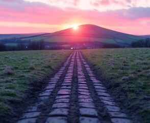 Canvas Print - Sunset over hill, path leads to vibrant sky.