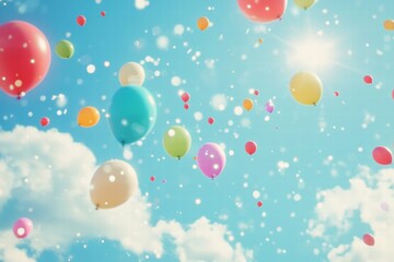 Poster - Brightly colored balloons floating in a clear blue sky on a sunny day, creating a joyful atmosphere. Generative AI