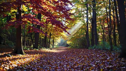 Poster - Vibrant autumn colors illuminate a serene forest path during a sunny day