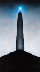 Canvas Print - Tall obelisk on hilltop under blue moonlit sky.