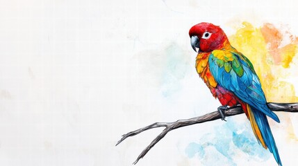 Poster - Bright parrot perched on a branch with vibrant feathers and colorful background for creative mock up design. Generative AI