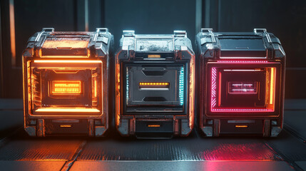 Poster - Game futuristic boxes, future technology chests. Icons of sci-fi equipment, metal loot boxes with electronic lock and display with neon light, vector cartoon illustration isolated on background