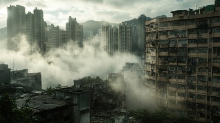 Wall Mural - Foggy Cityscape with Tall Buildings in Morning Light