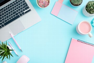 Poster - Creative workspace with laptop, colorful stationery, and plants on a pastel blue background. Generative AI
